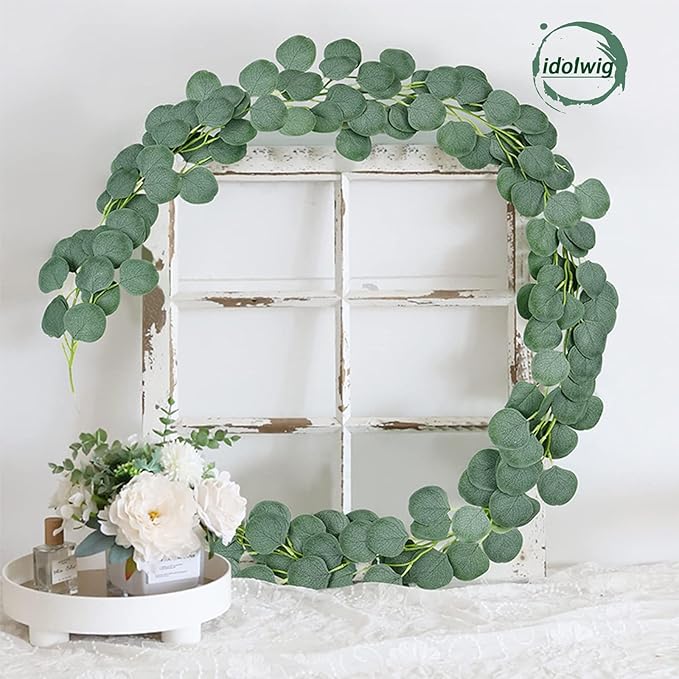 Faux Eucalyptus Garlands for Decoration, Fake Vines for Greenery Backdrop, 2 Pack Artificial Eucalyptus Vines for Wedding Decoration, Leaf Garlands for Table Mantle and Wall Hanging Decoration