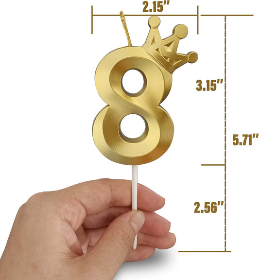 The Number 8 Gold Birthday Candles for Cake is Beautiful Number Candles for 8th Birthday Decorations for Boys and Girls (Gold-8, Crown)