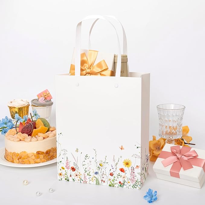 Crisky Paper Gift Bags with Handles, 12 Pack Wildflower Floral Gift Bags Medium Size for Wedding, Bridal Shower Gifts Bag, Baby Shower Party Favor, 10"x8"x4"