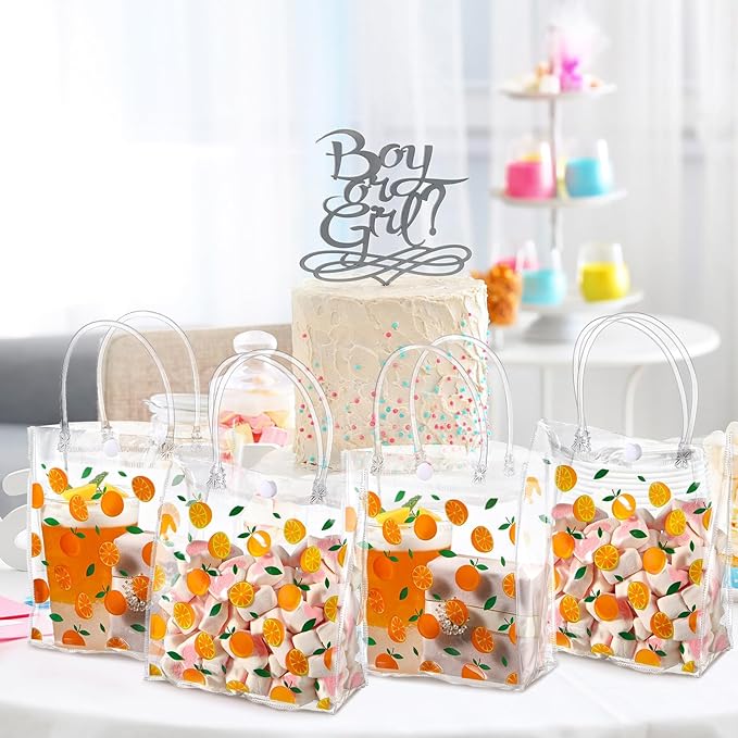 Tioncy 24 Pcs Orange Clear PVC Gift Bags with Handles Orange Theme Candy Treat Basket Little Cutie Party Favor Bags for Little Cutie Baby Shower Decorations Wedding Birthday Summer Party Supplies