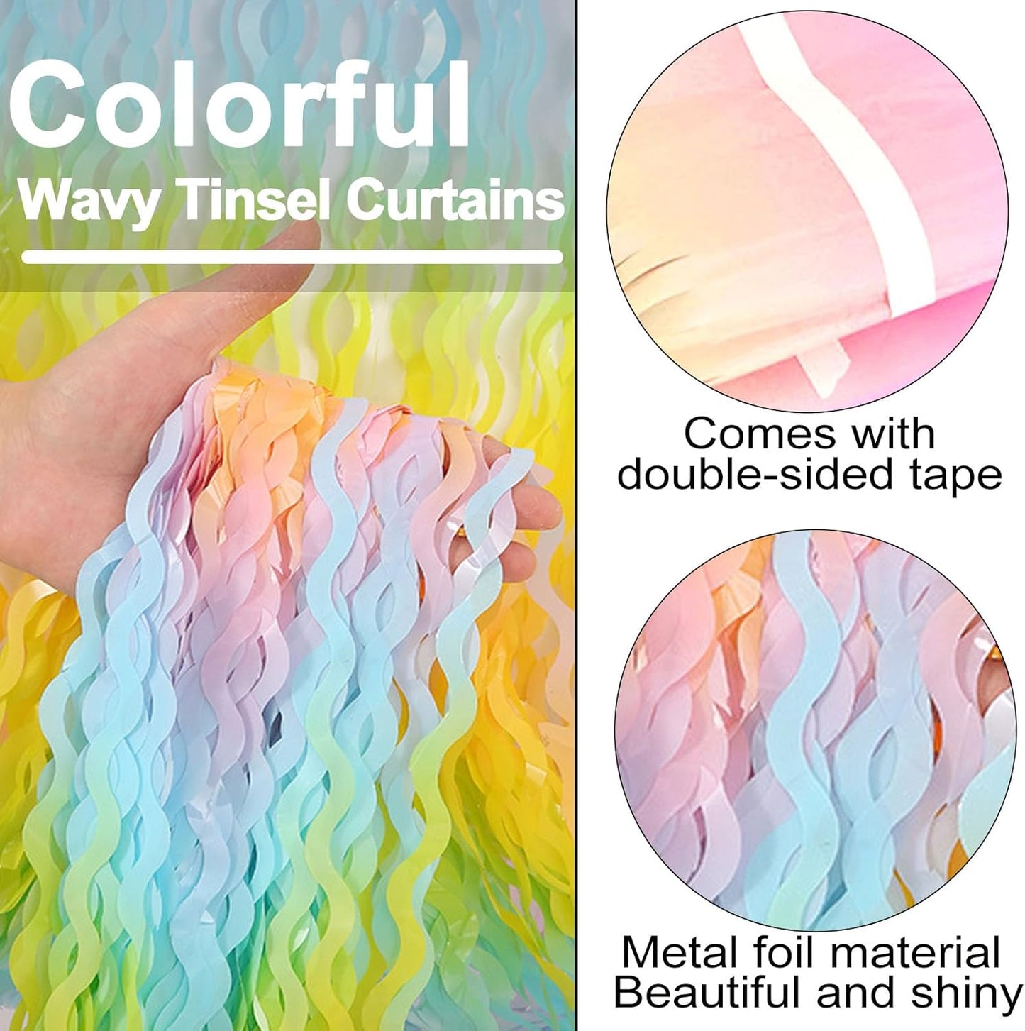 4 Pack Light Rainbow Fringe Curtain Backdrop 3.2Ft x 8.2Ft Metallic Tinsel Foil Fringe Streamers Background for Photo Booth Mother's Day, Easter, Carnival, Birthday, Wedding Party Decoration