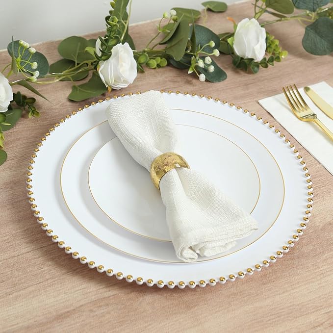 Efavormart 10-Pack Economy Plastic Charger Plates 13" Round White with Gold Beaded Rim - Stylish Dinner Party Serving Plates