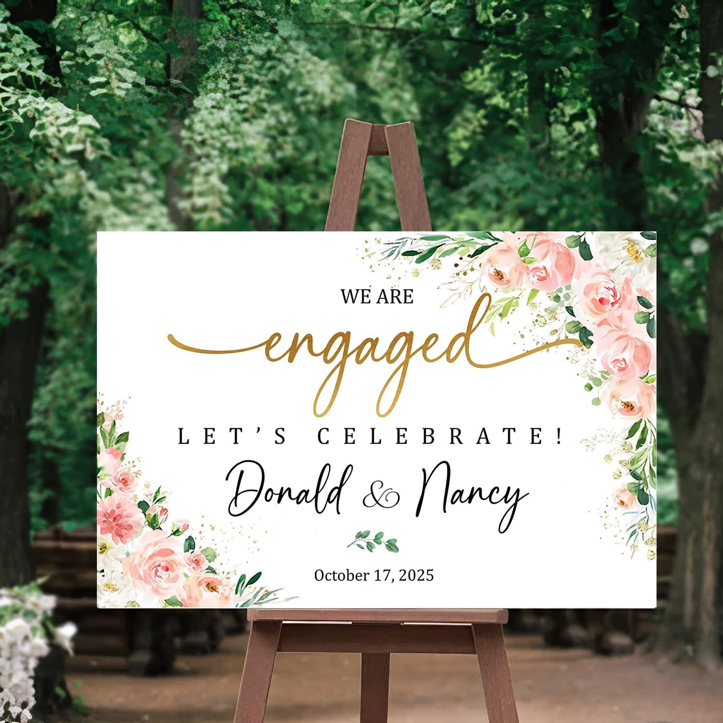 We Are Engaged Sign, Floral Engagement Signs For A Party, Engagement Party Gifts For Couples, Engaged Party Decorations, Wedding Welcome Sign With Stand