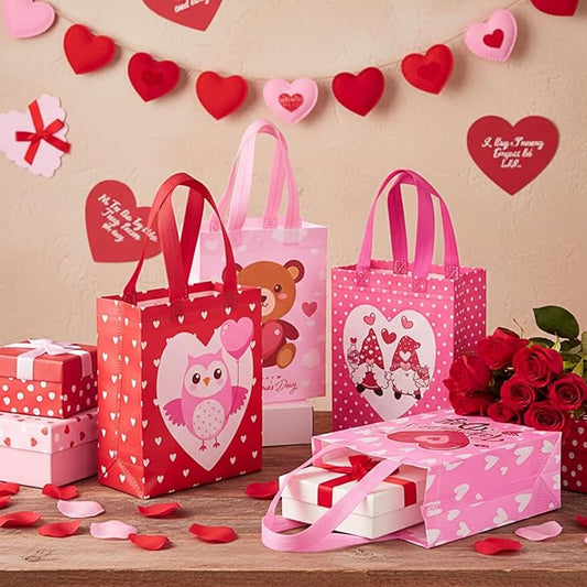 Wesnoy 48 Pcs Valentine's Day Gift Bags,Bulk Reusable Non-Woven Heart Bear Treat Bags with Handles for Party Favors,Galentine's Day Event, 10 x 8 x 4 Inches