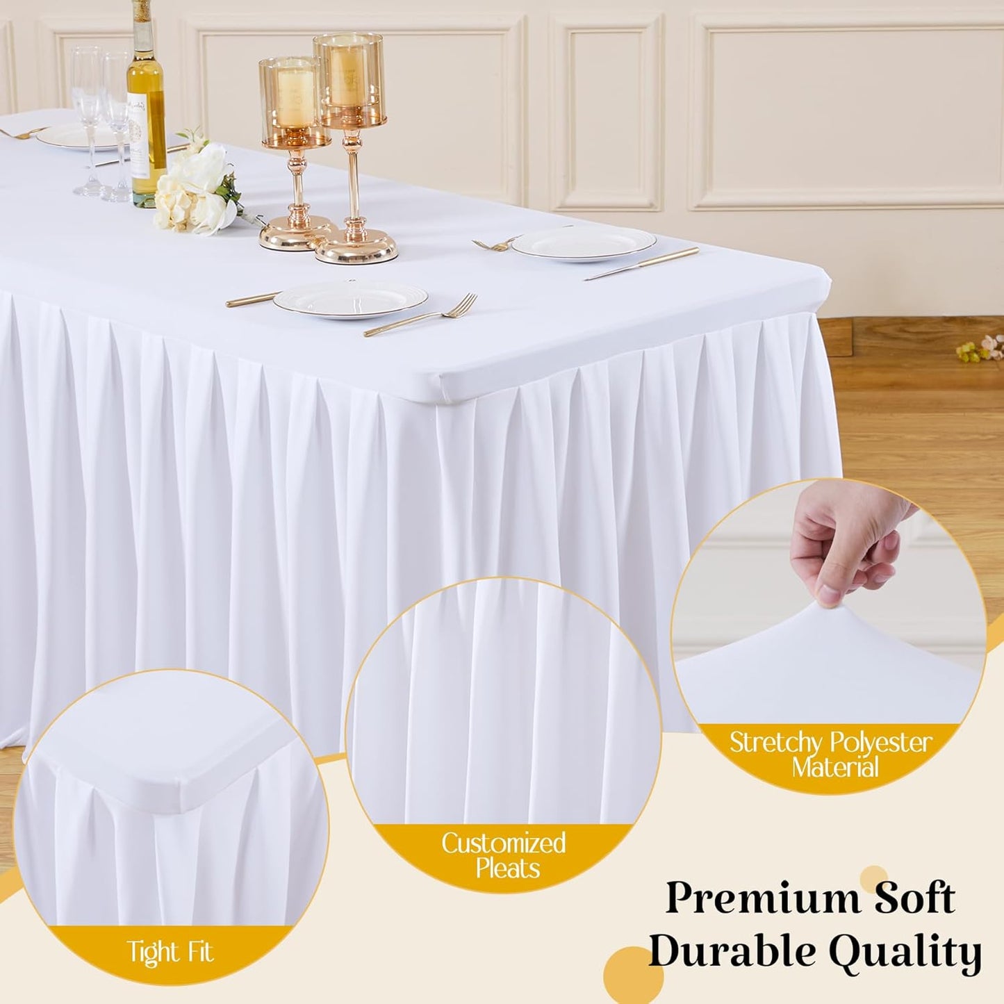 HB HBB MAGIC 1 Pack White Tablecloth for 6 Foot Rectangle Tables, Elegant Pleated Table Skirt – Wrinkle Free Stretch Fitted Table Cover for Weddings, Banquets, Birthday Parties & Events