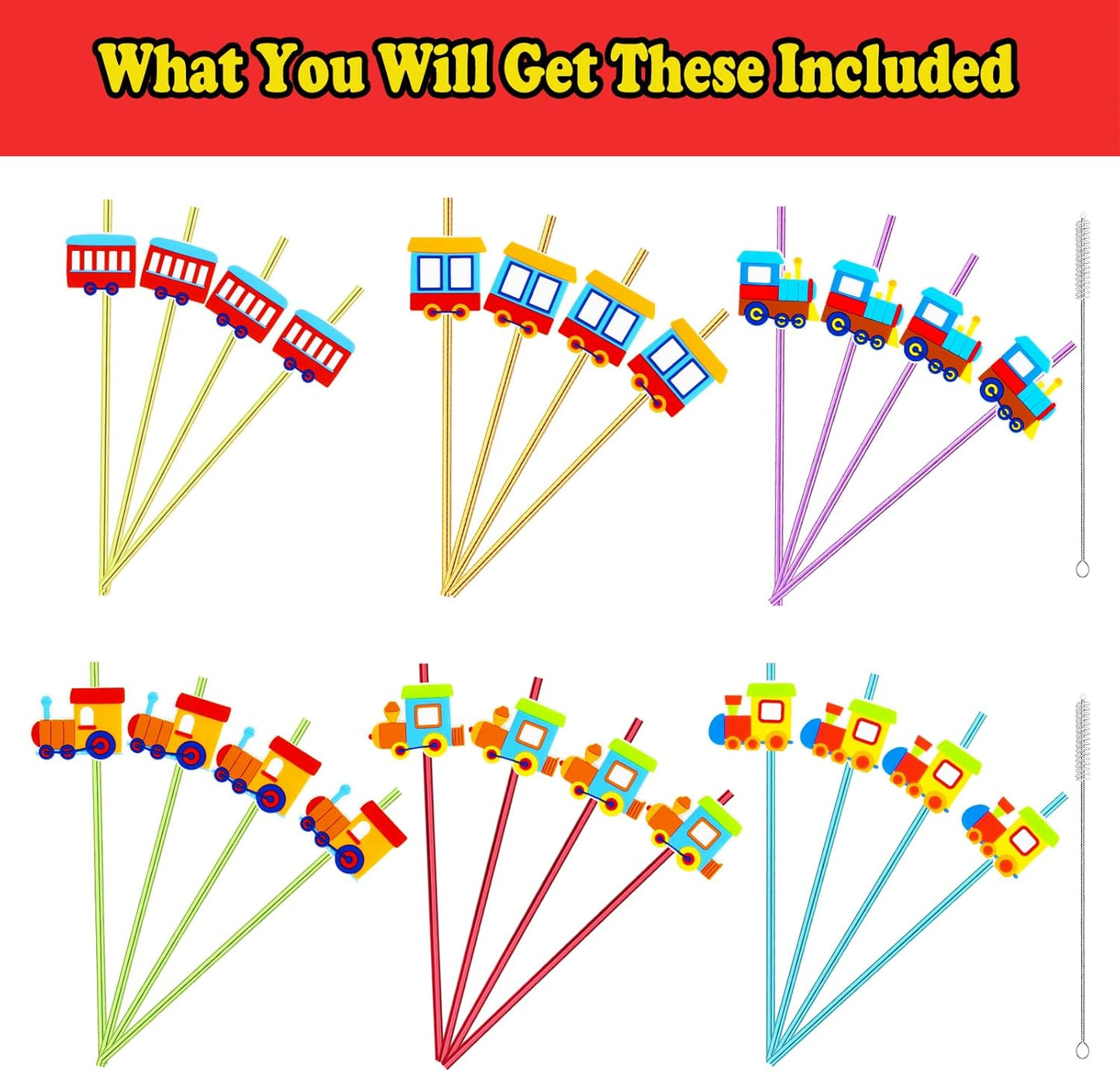 24 Pack Train Theme Reusable Plastic Straws - 6 Colors, Drink & Cocktail Straws with Cartoon Decoration - Kids Party Supplies & Birthday Favors - Includes 2 Cleaning Brushes