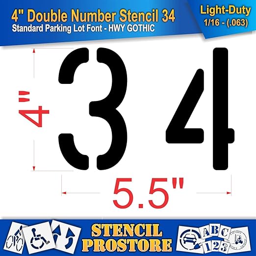 Pavement, Curb, and WheelStop Stencils - 4 inch Double Number Stencil - (34) - 4" x 5.5" x 1/16" (63 mil) - Light-Duty