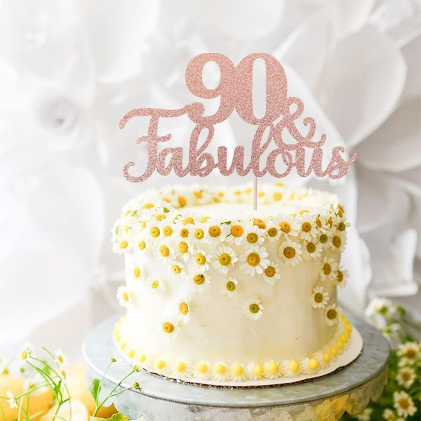 1 PCS 90 & Fabulous Cake Topper Glitter Ninety and Fabulous Cake Toppers Happy 90th Birthday Cake Pick for 90th Wedding Anniversary Birthday Party Cake Decorations Supplies Rose Gold