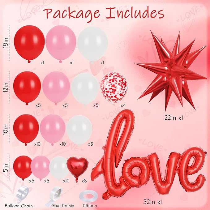 Valentines Day Balloon Arch Kit, Pink Red White Balloon Garland with 32" LOVE/ 22"Explosion Star/ 5" Heart Foil Balloon for Galentines Mothers Day Wedding Engagement Anniversary Party Decorations