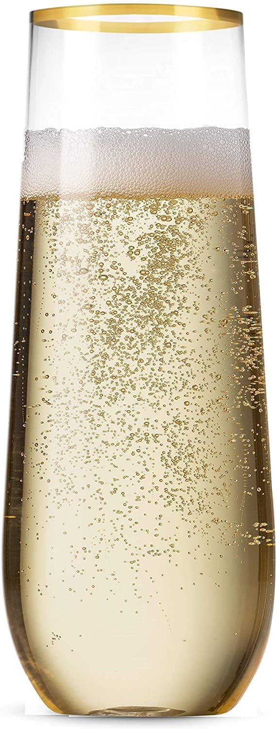 Munfix 12 Pack Stemless Plastic Champagne Flutes, Disposable 9 Oz Gold Rim Clear Plastic Toasting Glasses Shatterproof Recyclable and BPA-Free