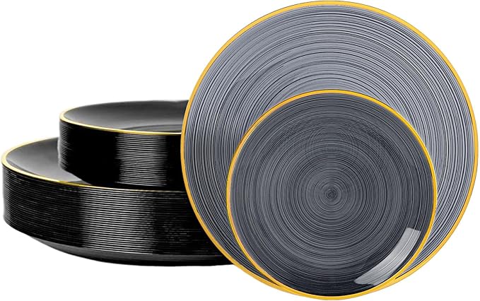 N9R 60PCS Black Plastic Plates with Gold Rim, Elegant Disposable Plates, Circular Ribbed Design, 30 Dinner & 30 Dessert Plate for Parties, Weddings, Halloween, Banquets and Events (Translucent Black)