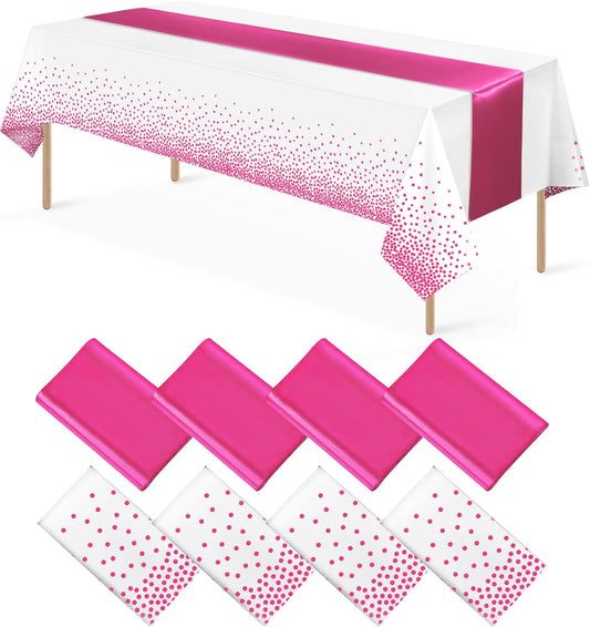 MASHAN 8Pack Disposable Plastic Party Tablecloths & Satin Table Runner Set - White Hot Pink Dot - Wedding, Birthday, Baby Shower - 54 x 108 Inch