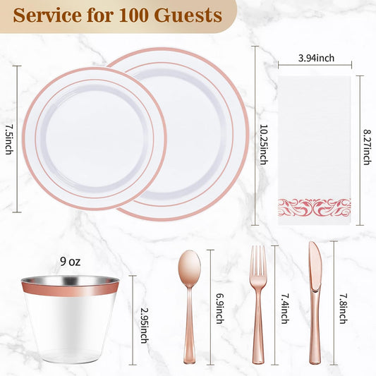 BESTVIP 700PCS Rose Gold Disposable Dinnerware Set for 100 Guests, Plastic Plates for Party, Wedding, Christmas, Halloween, Include: 200 Plastic Plates, 100 Gold Silverware, 100 Cups, 100 Napkins