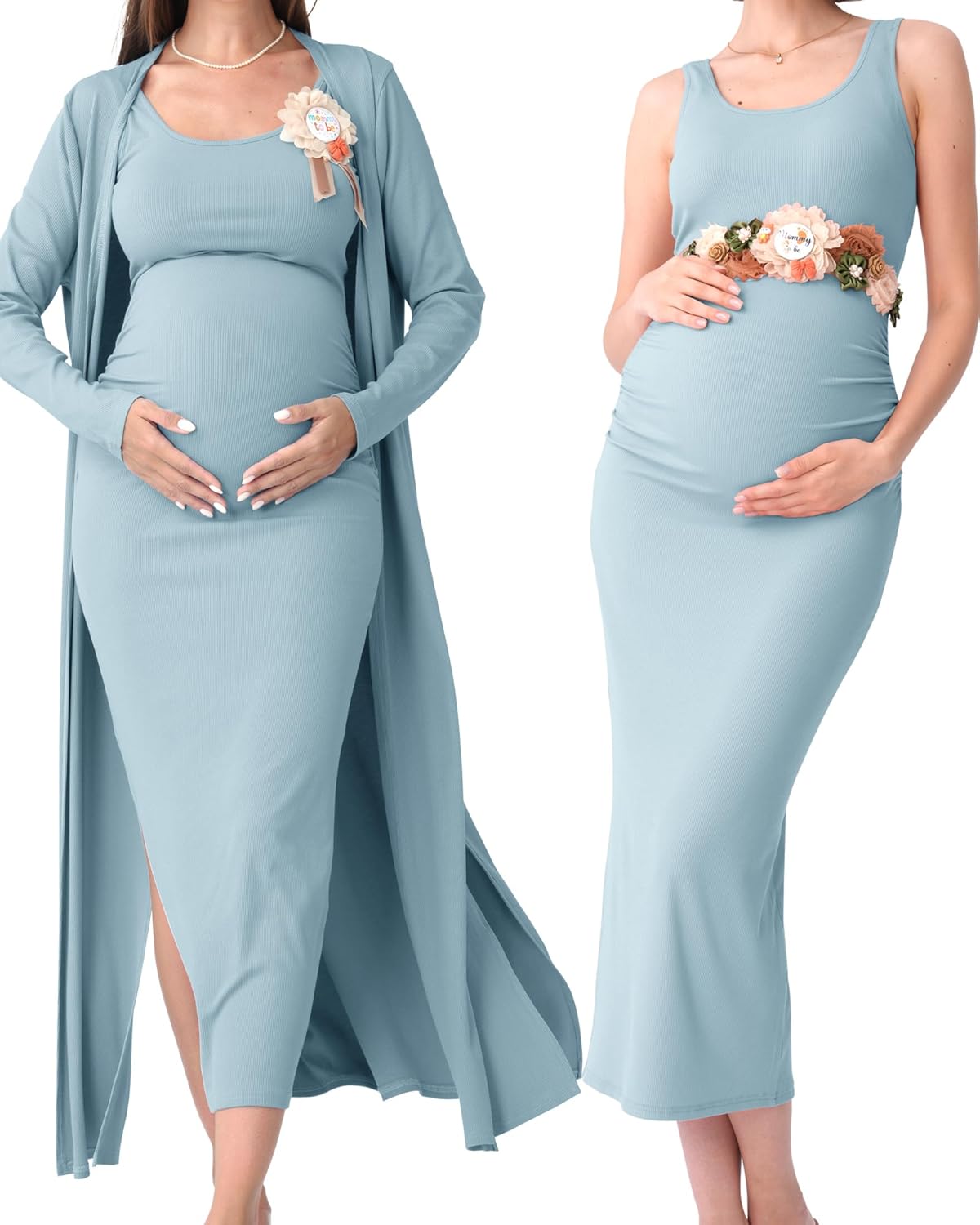 Rnxrbb 2 PCS Fall Winter Maternity Dress Cardigan Set Long Bodycon Maxi Formal Dresses Boho Baby Shower for Women