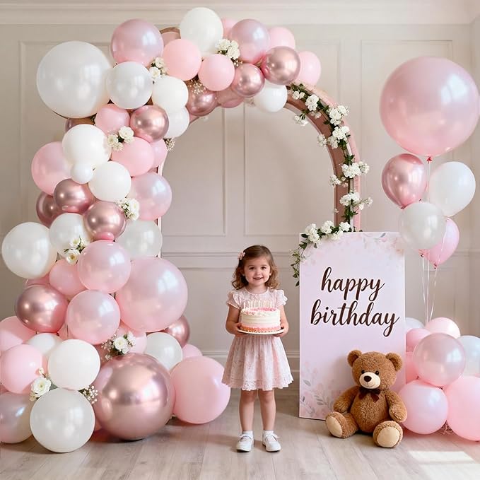 Pink and White Balloons Arch Kit, Double Stuffed Pastel Pink Balloon Garland Include Light Pearl Pink White and Metallic Pink Balloons for Coquette Wedding Birthday Party Bridal Shower Decorations