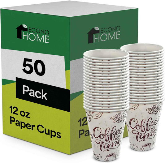 EconoHome 12 oz 50 Pack Disposable Coffee Paper Cups - Paper Cups for Hot and Cold Drinks, Tea, Water, and Juice