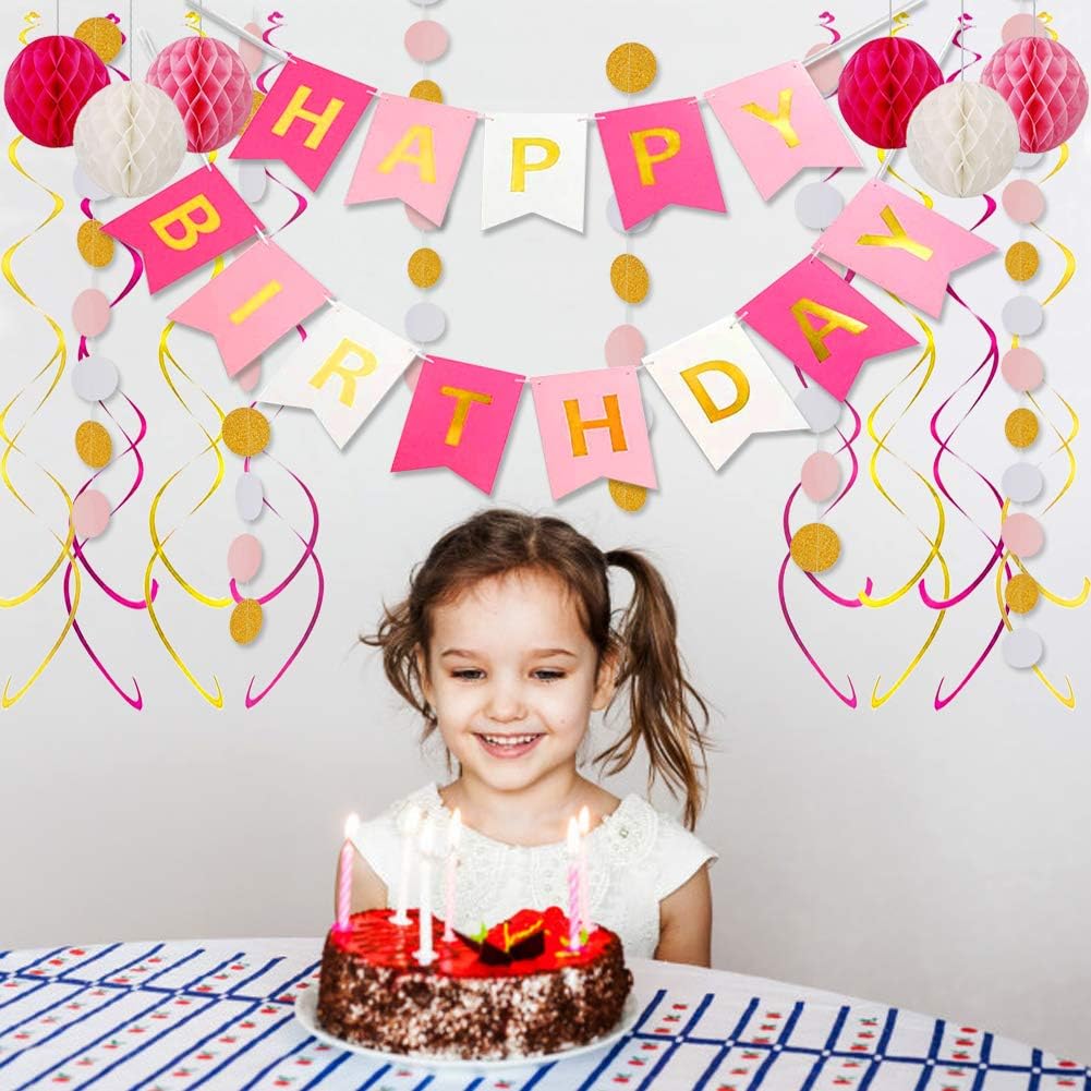 Pink Birthday Decorations with Happy Birthday Banner, Paper Honeycomb Balls, Circle Garland and Hanging Swirl Decorations