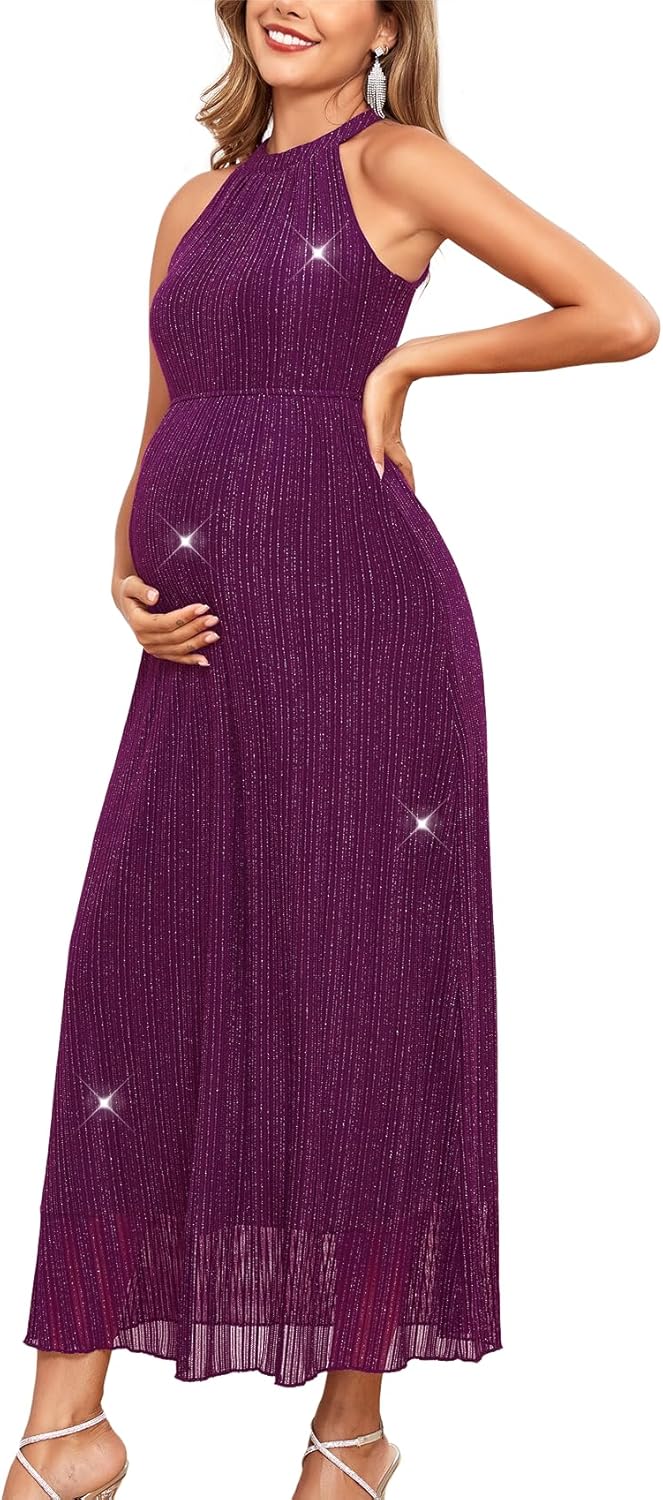 Maternity Sparkly Mesh Dress Halter Neck Sleeveless A Line Pregnancy Dresses Semi Formal Baby Shower Photoshoot