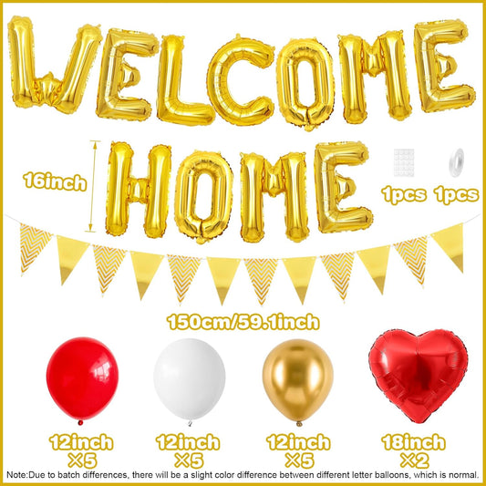 Welcome Home Decorations Red Gold,Welcome Home Foil Balloon Banner with Red Heart Balloons Pennant Flag Bunting for Housewarming Baby Shower Home Family Party Supplies