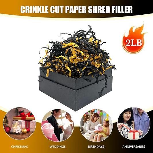 Gold Black Crinkle Cut Paper Shred Filler, 2 LB Basket Filler Shredded Paper, Confetti Stuffing for Basket Filling, Mother's Day, Birthdays, Weddings, DIY Gift Wrapping, Stuffer Party Supplies