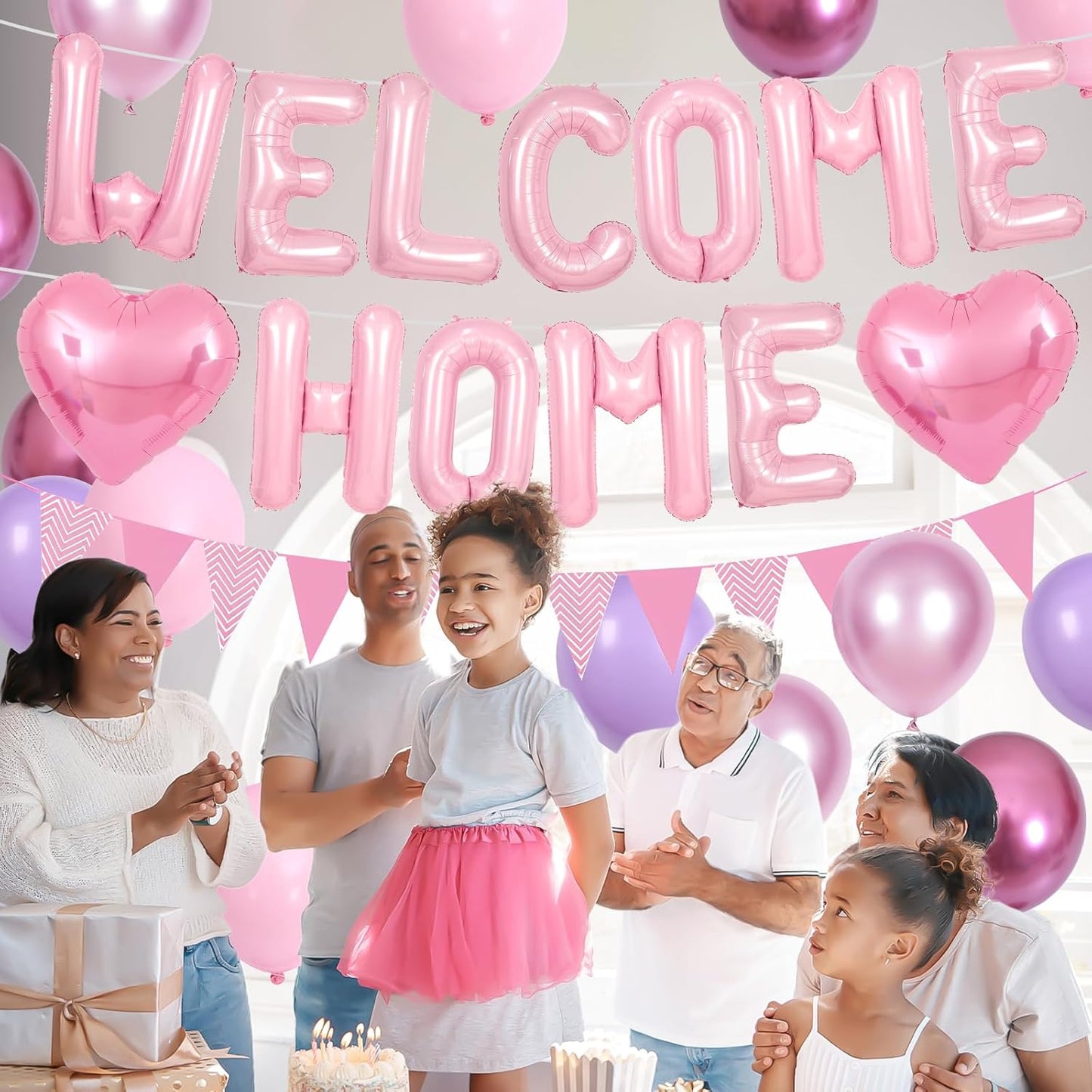 Welcome Home Decorations Pink,Welcome Home Foil Balloon Banner with Pink Heart Balloons Pennant Flag Bunting for Housewarming Baby Shower Welcome Home Baby Girl Party Supplies