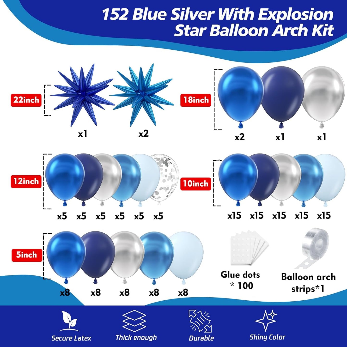 Blue Balloon Arch Kit, 152Pcs Explosion Star Various Blue and Silver Latex Balloon Garland kit Different Size Balloons for Anniversary Birthday Wedding Baby Shower Dark Party Decorations