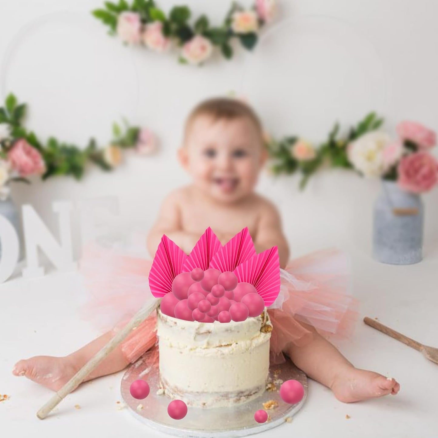 Ephlyn 28Pcs Paper Palm Fan Cake Topper Balls Cake Pick Wedding Bridal Shower DIY Cake Decorations for Baby Shower Wedding Birthday Anniversary Party Supplies Rose Red