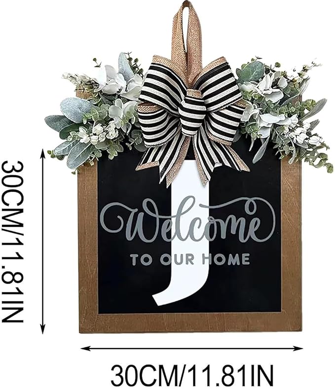 Last Name Year Round Front Door Wreath Front Porch Decoration 26 Letter Welcome Sign with Eucalyptus Garland and Bow Spring Wreaths for Front Door Outside Hanger Garland（J）