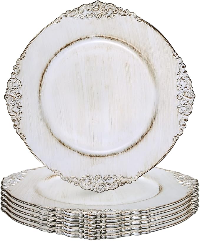 Gifturbo Antique White Charger Plates, 13" Round Chargers for Dinner Plates, Set of 6 Plastic Charger Plate for Table Setting,Decorative Plate Chargers for Wedding,Decoration