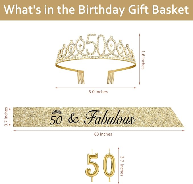 50th Birthday Decorations for Her with 50th Birthday Crown, 50 Sash for Women, Candles Gold, Gifts for 50 Year Old Woman