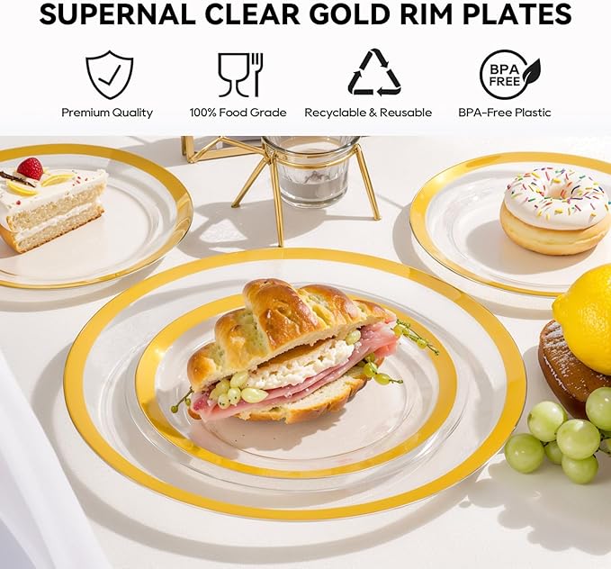 supernal 120pcs Clear and Gold Plastic Plates Disposable Fancy Plates Heavy Duty Gold Plastic Dinneware Include Dinner and Dessert Perfect for Party Wedding and Birthday