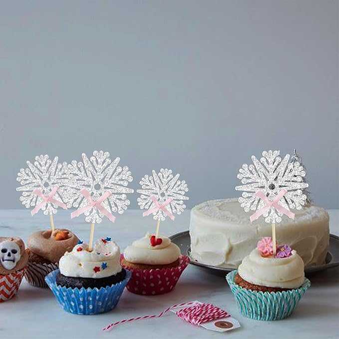 24Pcs Snowflake Cupcake Toppers Glitter Snowflake Cupcake Picks Frozen Pink Bow Snowflake Gender Reveal Cake Decors Baby Shower Gender Reveal Winter Theme Christmas Party Cake Decor Supplies