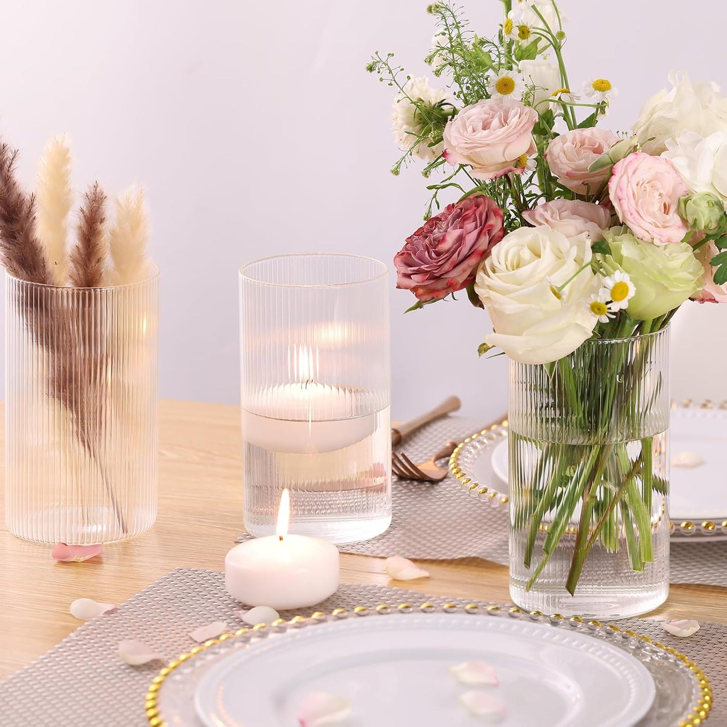 Glass Ribbed Cylinder Vases Pack of 6, Clear Ribbed Vases for Centerpieces Wedding Decoration, 6 Inch Tall Clear Flower Vase in Bulk, Hurricane Floating Candle Vase for Party Home Decor