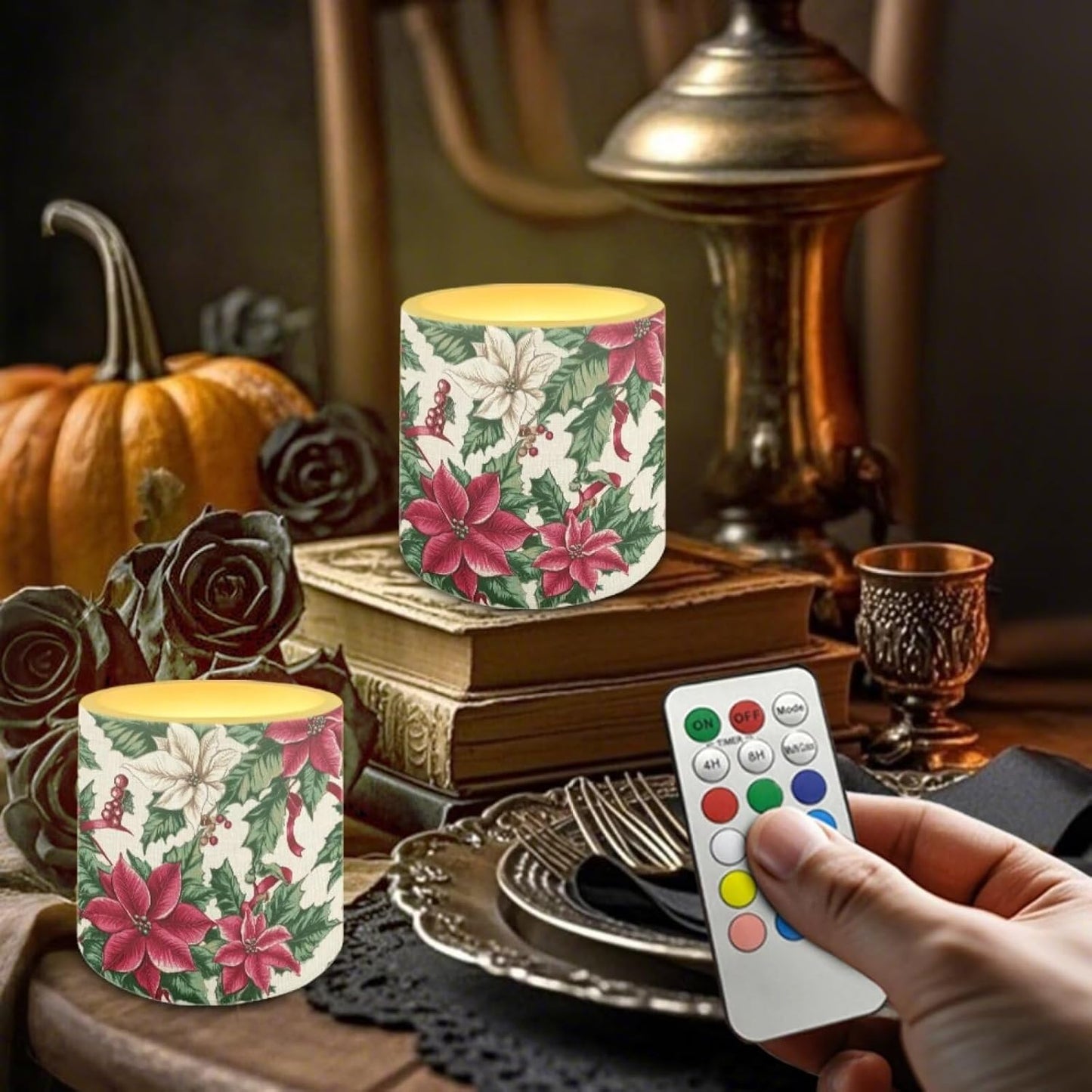 Poceacles Christmas LED Candles Set of 4 with Remote Timer, Multi-Color Flickering Flameless Battery Operated Candles Elegant Home Desktop Tabletop Decorations, Poinsettia Flower