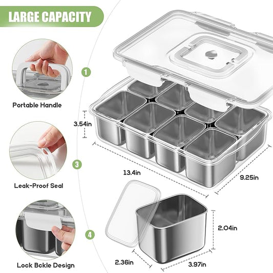 Snackle Box Container, 304 Stainless Steel Divided Serving Tray with Lid & Handle, Portable 8-Compartment Snack Organizer Box for Fruits, Veggies,Nuts & Candy,Dishwasher Safe for Travel,Picnic & Beach