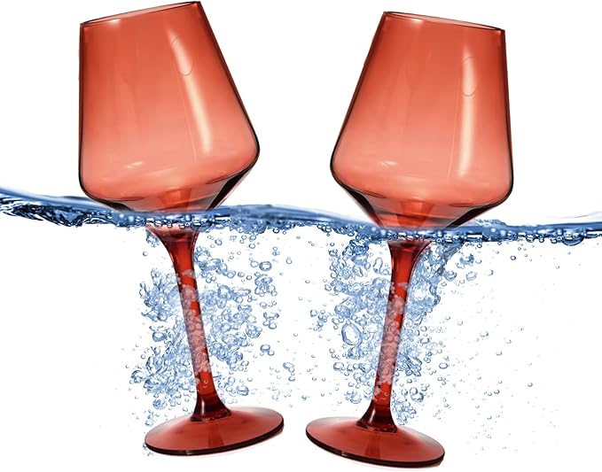 Floating Wine Glasses for Pool (18 Oz | Set of 2) - Wine Glass Set That Float | Shatterproof Poolside Wine | Beach Glass | Outdoor Tritan Plastic Glassware with Stem for Patio, Picnic - Muted Red