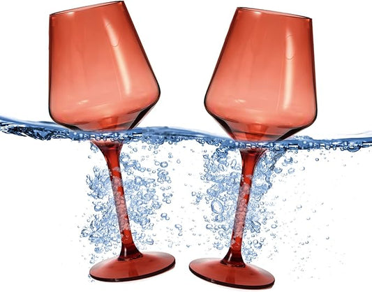 Floating Wine Glasses for Pool (18 Oz | Set of 2) - Wine Glass Set That Float | Shatterproof Poolside Wine | Beach Glass | Outdoor Tritan Plastic Glassware with Stem for Patio, Picnic - Muted Red