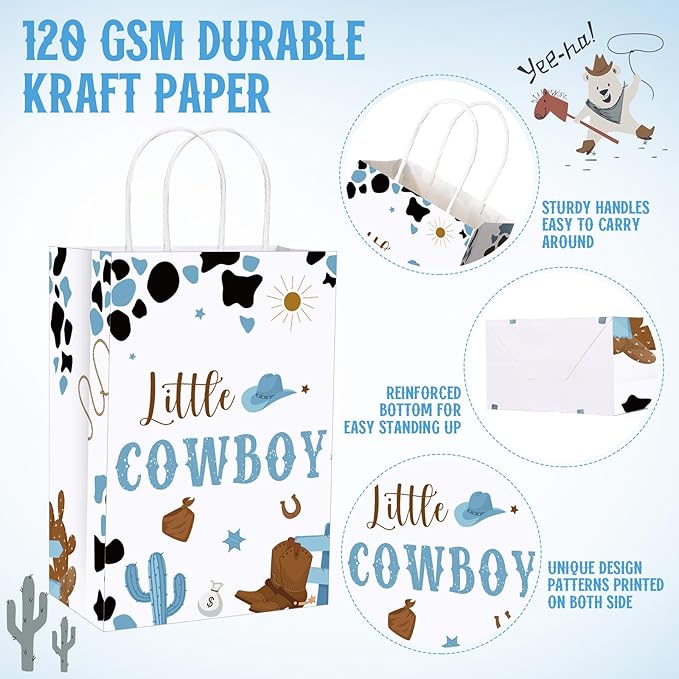 Gaillty 24 Pcs My First Rodeo Party Favor Bags 1st Rodeo Birthday Gift Bags Decorations Paper Cowboy Wild West Goodie Bag with Handles for Treat Candy Western Birthday Baby Shower Party Supplies