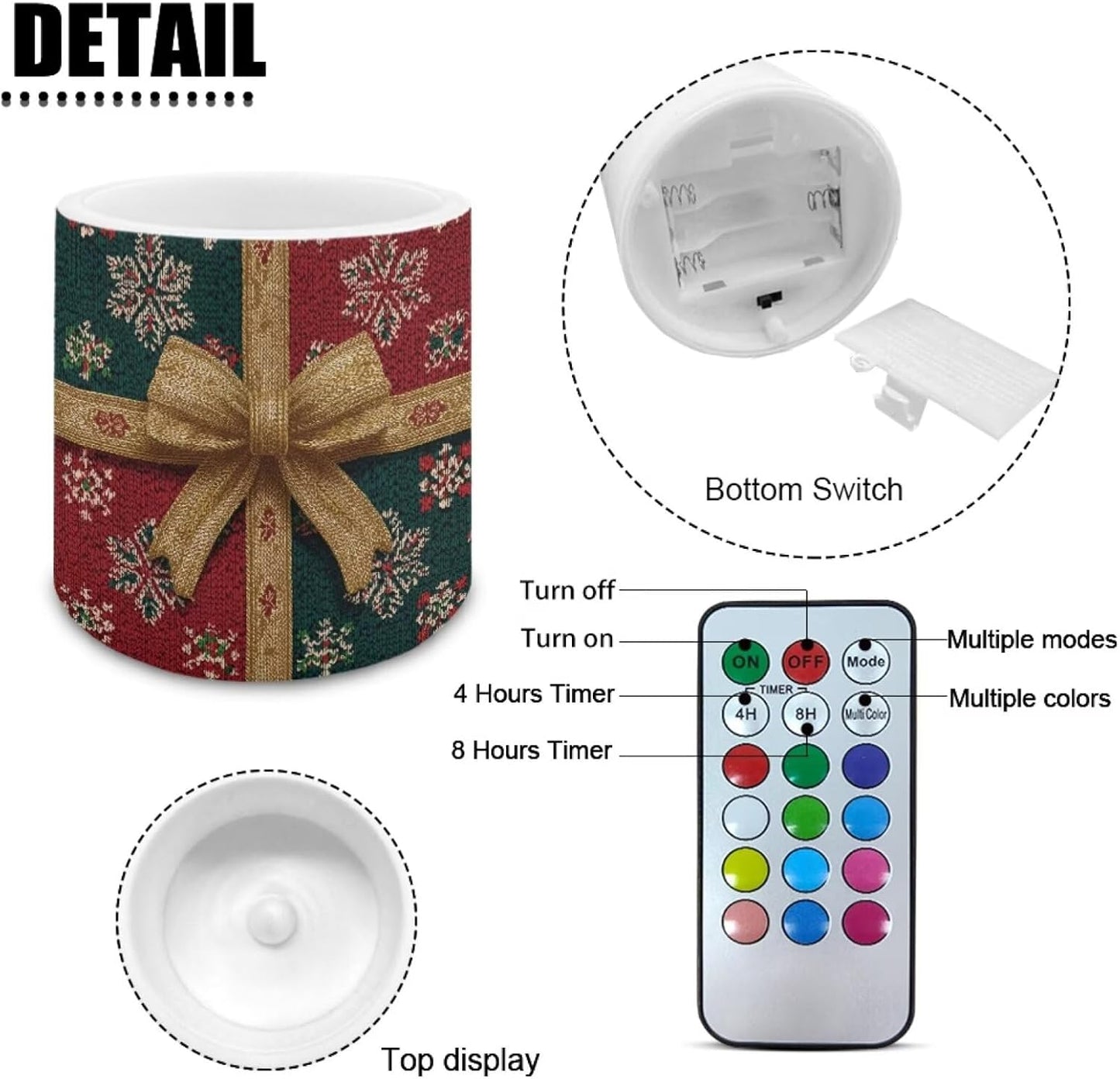 Poceacles 4 PCS Christmas Decor LED Candles with Remote Control Flameless 4/8 Hours Timer Multi-Color Night Lights for Weddings Parties Indoor Outdoor Decor, Bow Snowflake Pattern Green Red