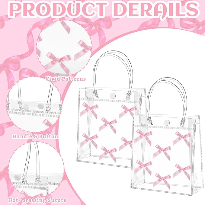 Tioncy 24 Pcs Pink Bow Clear Gift Bags with Handles Bow PVC Goodie Treat Candy Bag Bows Theme Present Wrap Tote Bags for Birthday Party Favor Weddings Decoration Bridesmaid Supply