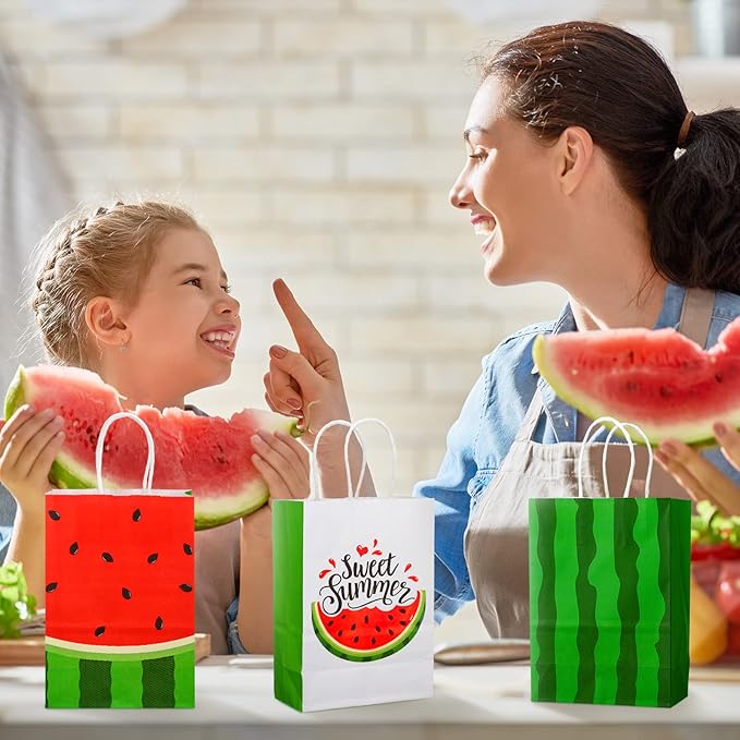 Outus 24 Pieces Watermelon Party Bags Watermelon Paper Goodie Bags Party Favor Bags Watermelon Treat Candy Bags Summer Fruit Birthday Party Supplies for Summer Pool Party Decorations