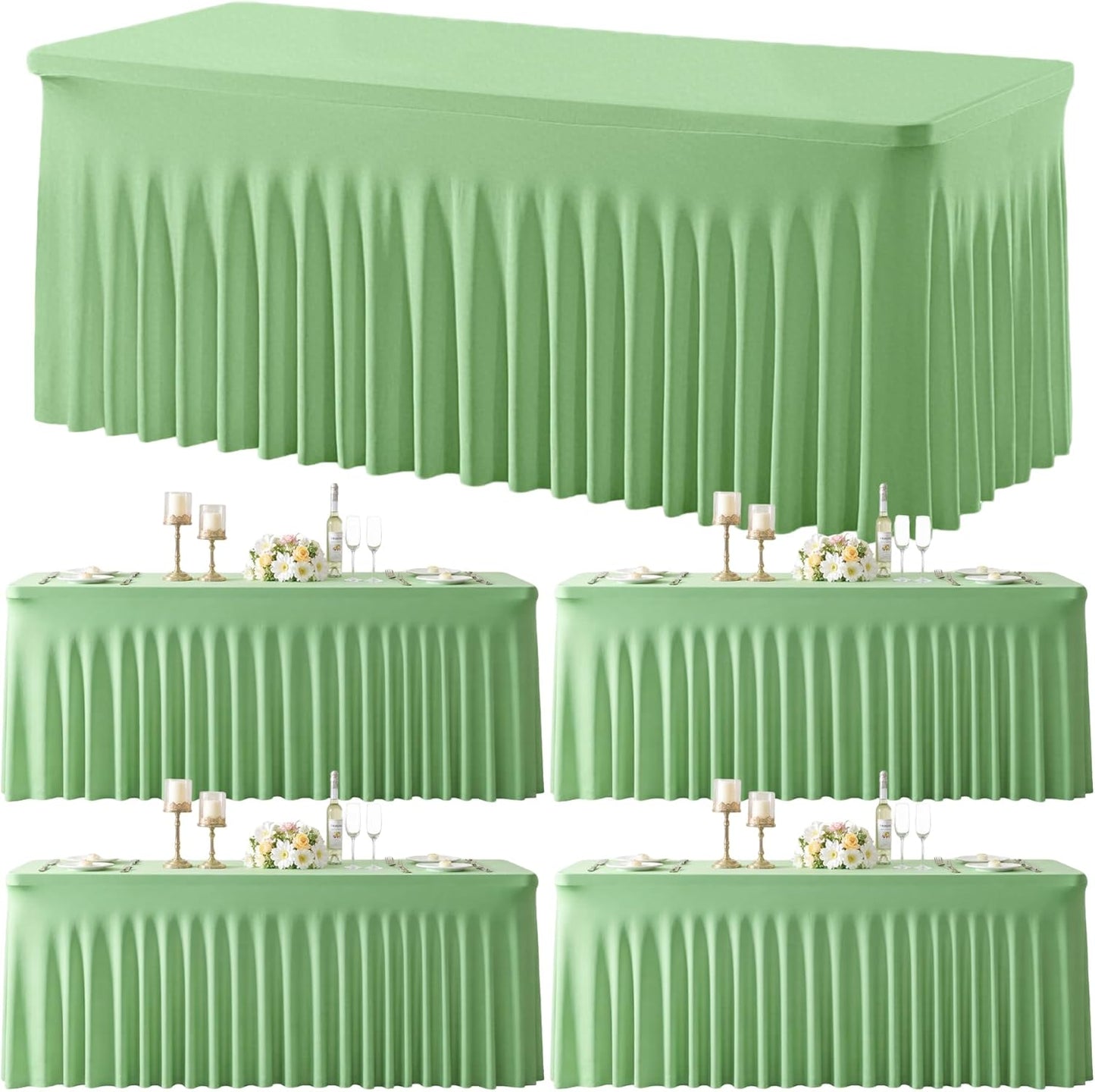 4 Pack Spandex Sage Green Fitted Table Cloth for 8ft Rectangle Tables Sage Green Stretch Tablecloth Table Covers Skirt Banquet Wrinkle Free Tablecloths for Parties Wedding