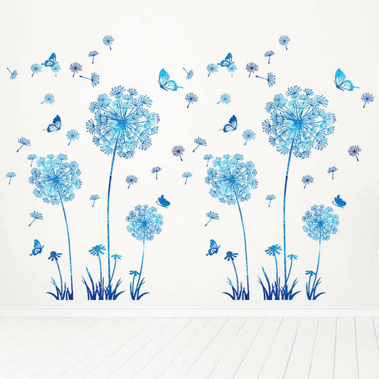 2 Set Dandelion Wall Decals - Blue Flower Stickers, Murals, Butterflies Decor for Bedroom, Office, Bathroom, Living Room - Floral Removable Peel and Stick Room Decoration