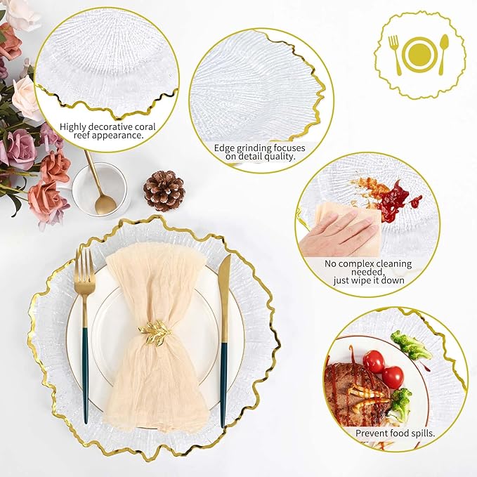 50Pcs Gold Charger Plates Round 13inch, Clear with Gold Rim, Reef Charger Plate for Dinner, Bulk Plastic Floral Table Charger Plates for Dinner Wedding Party Event