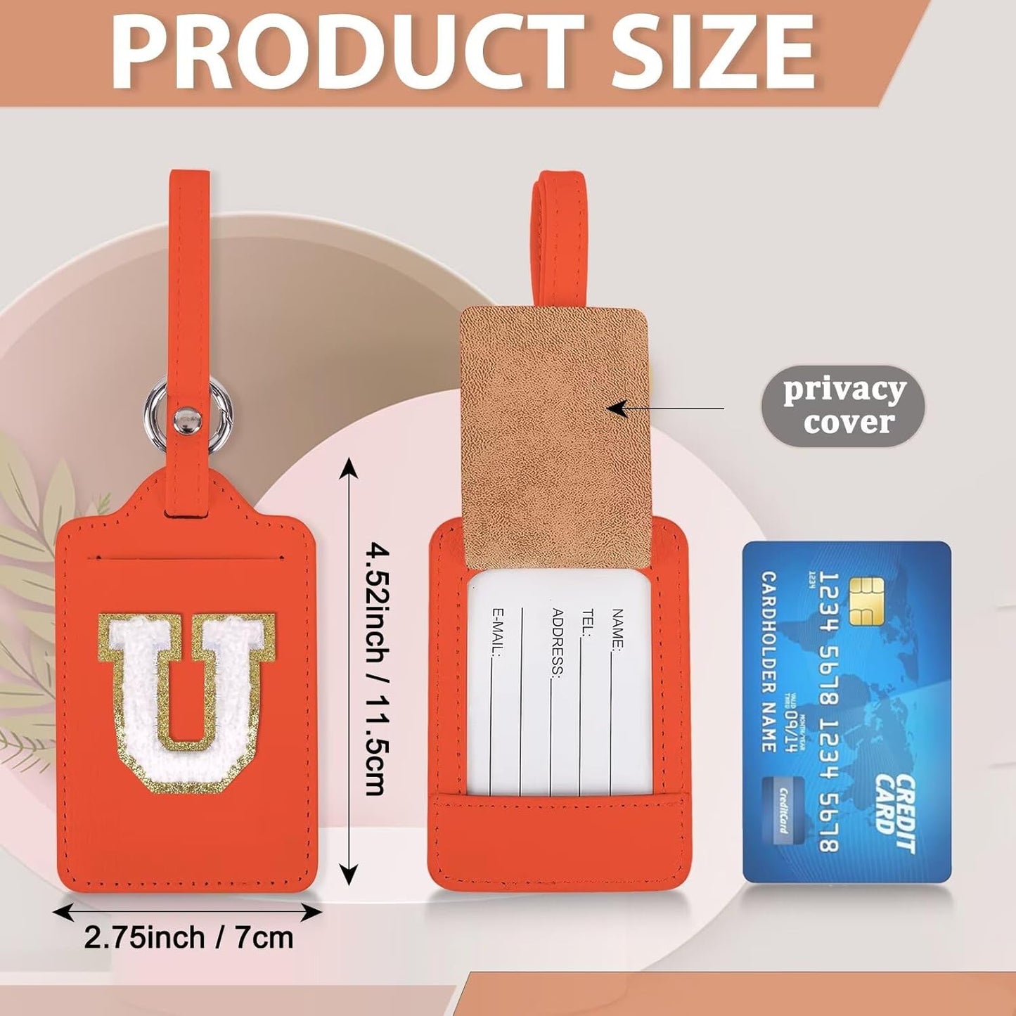 Personalized Initial Luggage Tags for Suitcases, Leather Chenille Letter Cute Luggage Tags with Privacy Name Card, Embroidered Travel Bag Backpack Tags Gifts for Women Kids Girls Teens(Orange-U)