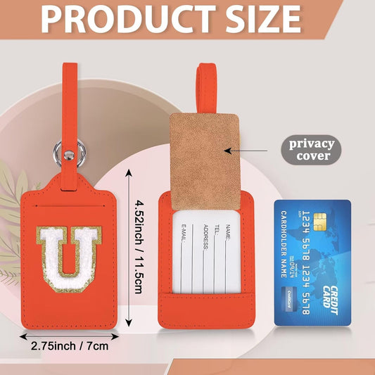 Personalized Initial Luggage Tags for Suitcases, Leather Chenille Letter Cute Luggage Tags with Privacy Name Card, Embroidered Travel Bag Backpack Tags Gifts for Women Kids Girls Teens(Orange-U)