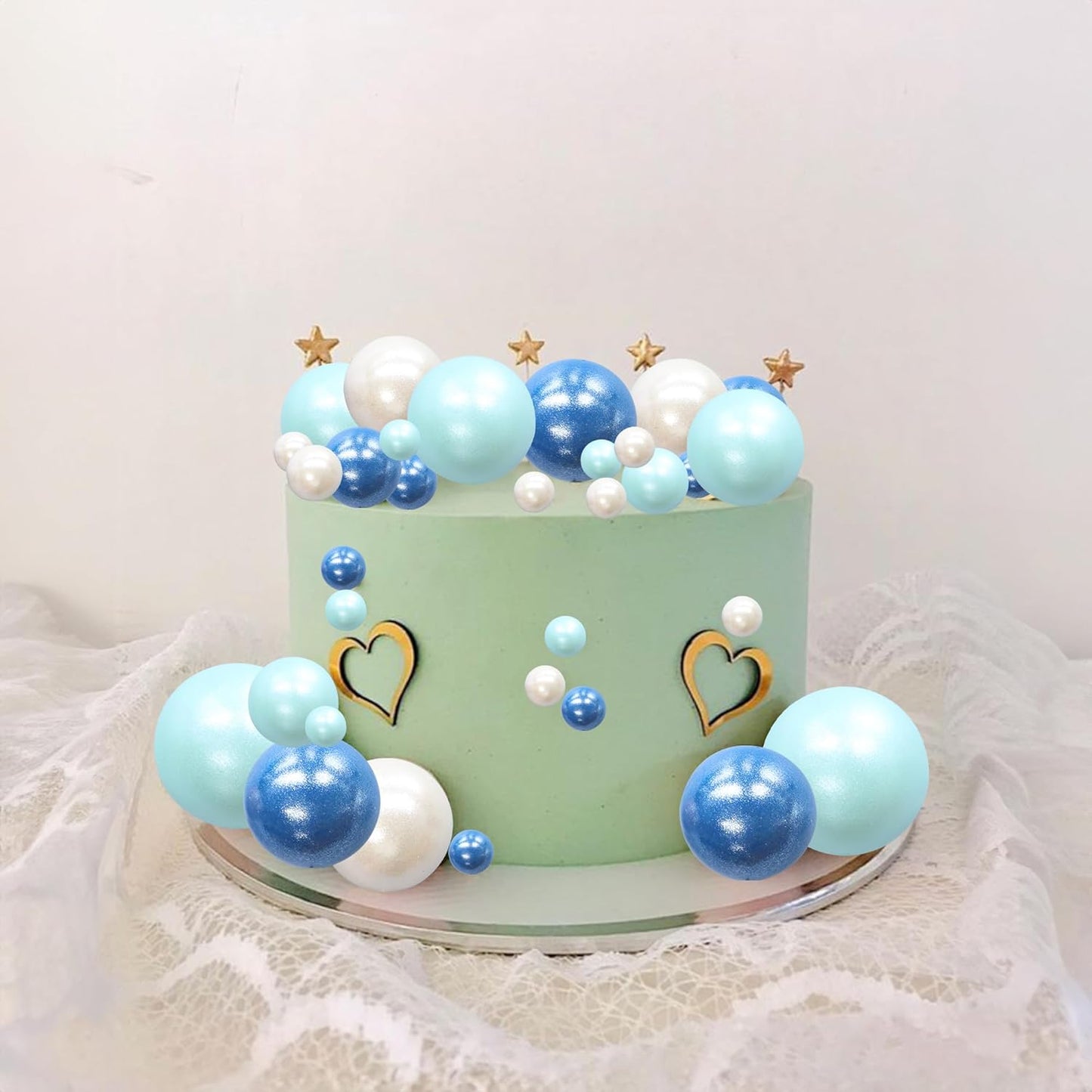 Ephlyn 30Pcs Ball Cake Picks Colorful Ball Shaped Cake Topper Pearl Balls Cupcake Cake Insert Topper for Birthday Party Decoration Supplies Pearl White Blue