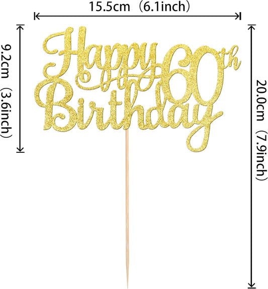 1 PCS Happy 60th Birthday Cake Topper Gold Glitter Cheers to 60 Years Birthday Cake Pick 60 Fabulous Cake Decoration for Happy 60th Birthday Anniversary Party Decorations Supplies