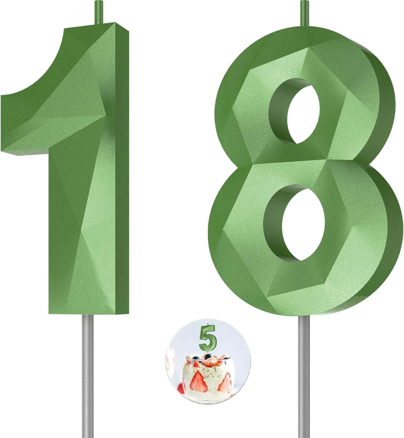 Number Birthday Candles(18 Candle Green) 3D Diamond Shape Number Happy Birthday Cake Candles for Birthday Party Wedding Decoration Reunions Theme Party