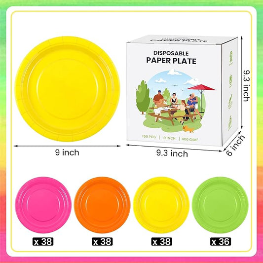 Kochorie 150 Pieces Neon Disposable Paper Plates 9 Inch Heavy Duty Dinner Plates, Solid Color, Table Decorations Party Supplies for Birthdays, Weddings, Daily Use